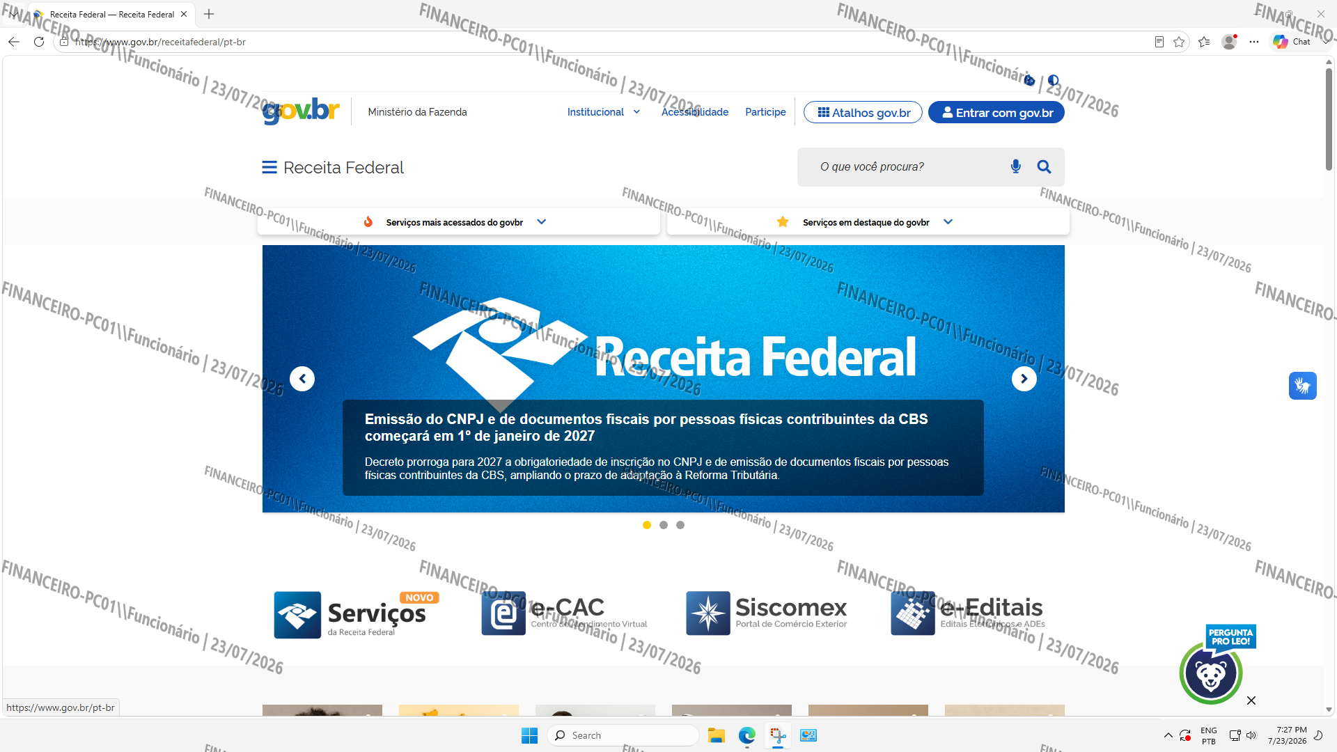 Marca d'água sobreposta em navegação no navegador web